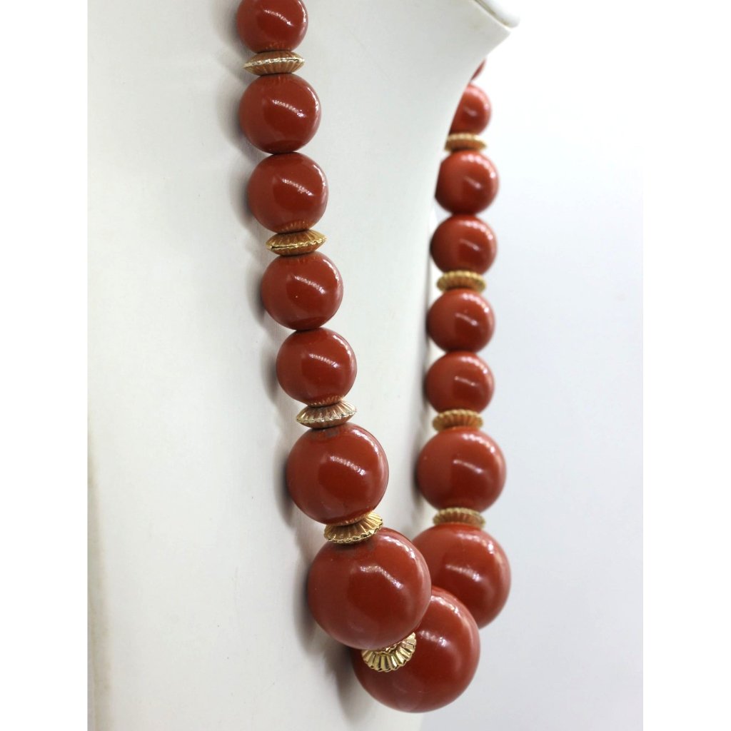 Vintage Hong Kong Necklace Red Plastic Round Beads Gold Spacers 16 - 19 Euc 20$